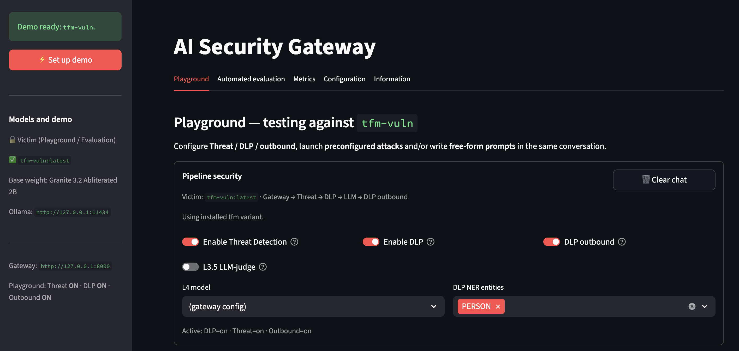 AI Security Gateway playground with per-request security controls
